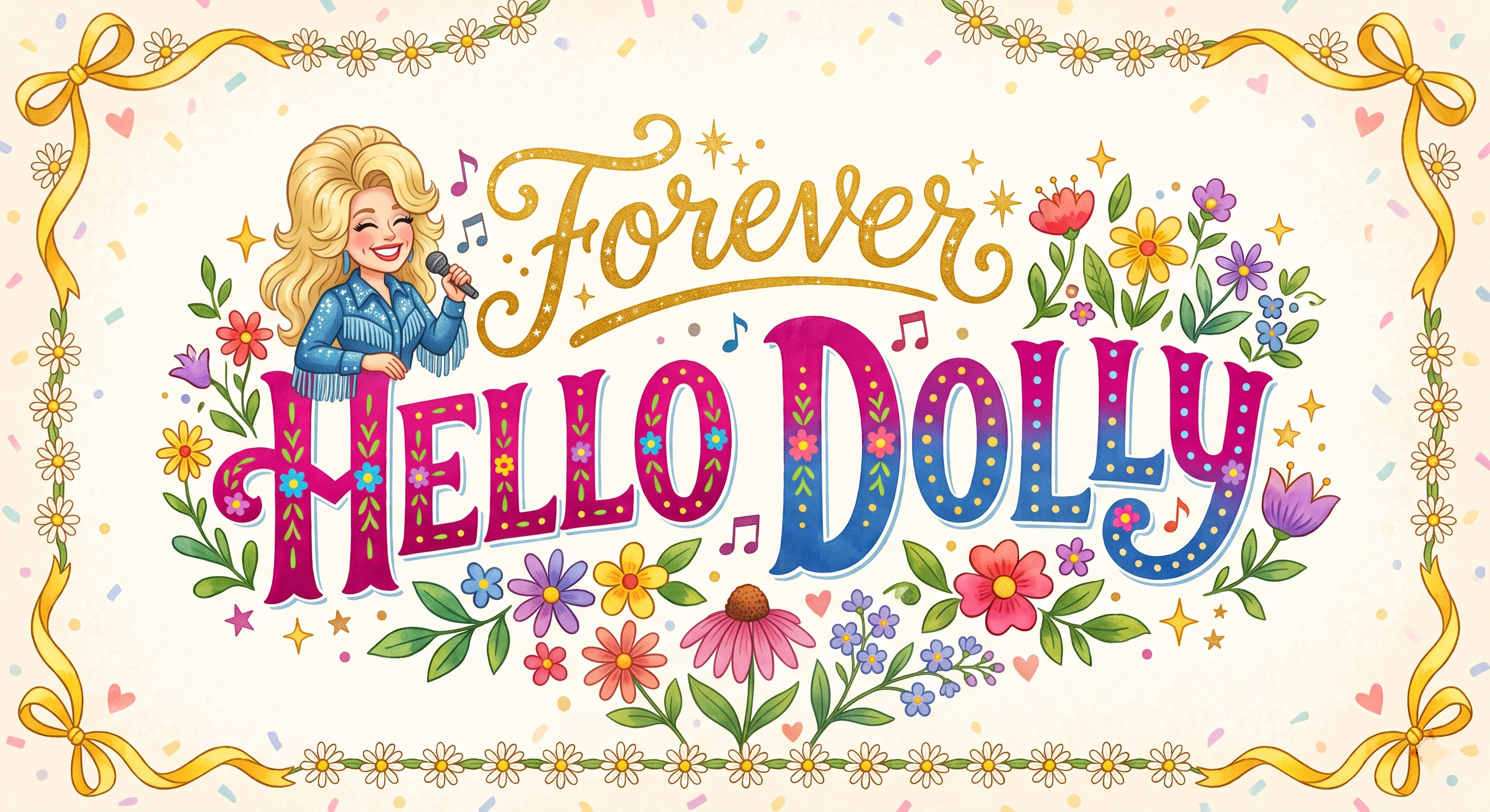 A colorful, hand-lettered tribute graphic reading 'Forever, Hello Dolly' surrounded by flowers, ribbons, and an illustrated portrait of Dolly Parton